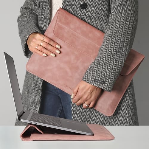DAREhue Genuine Leather Laptop Sleeve 13-14 Inch, Padded Full Grain Leather Case with Built-in Stand - Rose Pink, Compatible with MacBook Air, MacBook Pro, Dell, HP, Lenovo