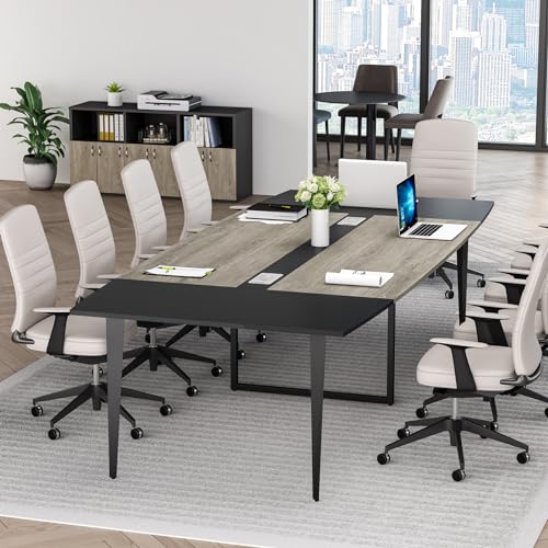 Tribesigns 8FT Conference Table, 94.48L x 47.21W x 29.52H Inches Boat Shaped Meeting Table with Rectangle Grommet, Modern Seminar Boardroom Table for Office Conference Room (Grey & Black, 8ft)