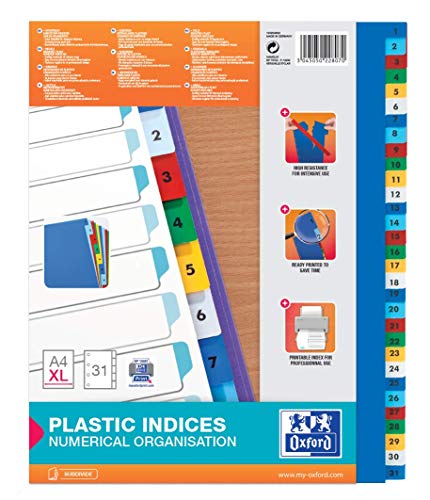 Elba 100204822 File Divider 1-31 31 Pieces Plastic A4 XL Pack of 25 Multi-Coloured