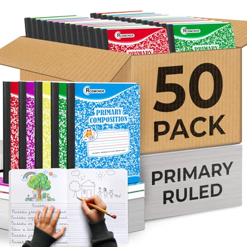 Rosmonde Composition Notebook Bulk, 50 Pack, Colors Marbles, Grades K-2