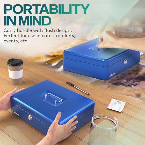 ACROPAQ 10005B Lockable Cash Box with Coin Counting Board, Large 24 x 30 x 9 cm, Lockable Box, Cash Box, Money Box Suitable for Money Storage, Blue