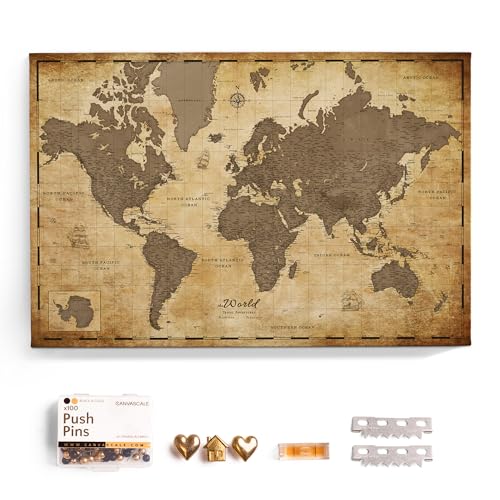 Canvas World Map with Cork Pin Board - English Lettering - Decorative Wall Decoration for All Rooms - Canvas Pictures with World Map Motif (90x60 cm, Pattern 1)