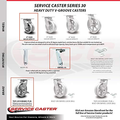 Heavy Duty Swivel Caster Set of 4 with 4 Inch V Groove Semi Steel Cast Iron Wheels and Ball Bearings-Includes 2 Swivel with Brakes and Bolt on Swivel Locks and 2 Swivel with Brake-Service Caster Brand