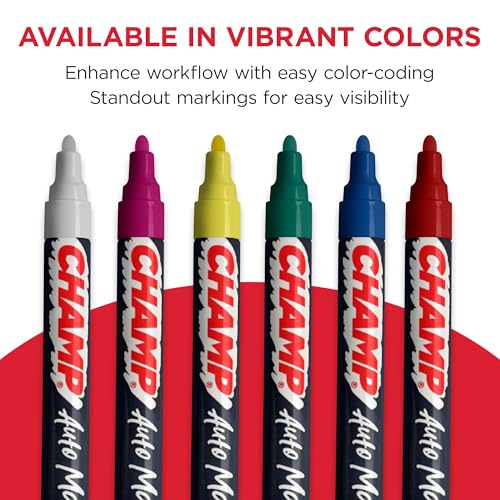 CHAMP Auto Markers Pack of 12 – 4mm Tip, Works on Multiple Surfaces, Smudge-Proof, Weather-Resistant, Washable Markers for Auto Shops, Mechanics and Detailing - Assorted
