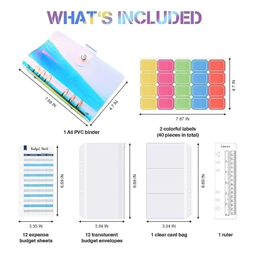 28 Pieces A6 Binder PVC Notebook Waterproof 6-Ring Cover with Pockets Budget Sheets Card Bag and Labels (Color : A Size : A6)