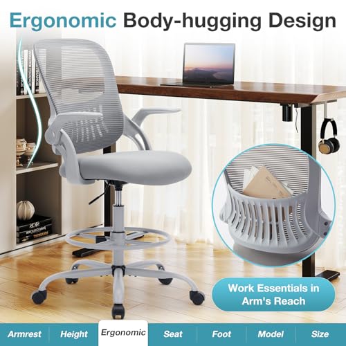 COZIFURNI Drafting Chair Tall Office Chair for Standing Desk Counter Height Adjustable, Egronomic Lumbar Support with Flip Up Armrest, Footrest, Rolling, Grey, 1pc