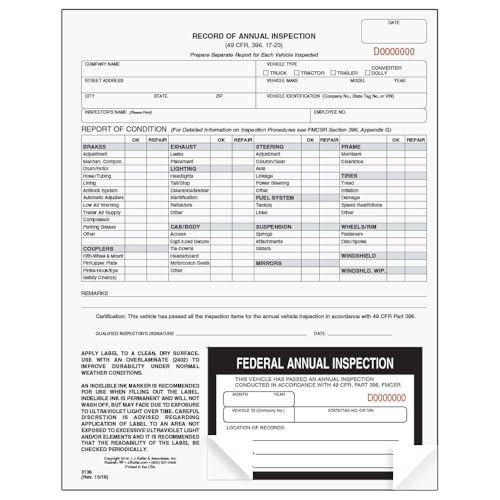 J. J. Keller Record of Annual Inspection Form and Label, 50 Pack