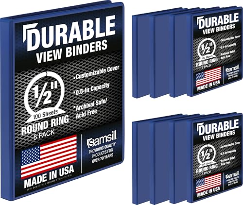 Samsill 8 Pack Durable 0.5 Inch 3 Ring Binders, Round Ring, Clear View Cover for Presentations, Black