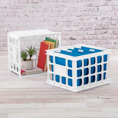 Sterilite Storage Crate, Stackable Plastic Bin Open Basket with Handles, Organize Home, Garage, Office, School, White, 18-Pack