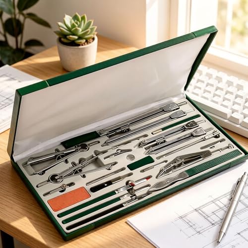 23 Pcs Geometry Kit, Metal Geometry Tools with Drawing Compass, Construction Engineering Design Professional Drawing Tools, for Drafting and Making Circles with Large Extension Beam, for Drafters