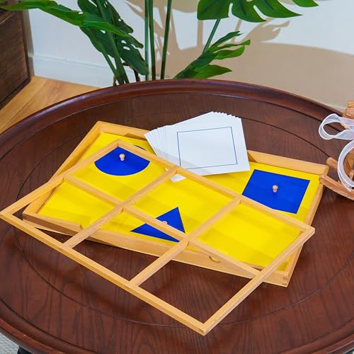 Premium Montessori Large Geometric Demonstration Tray 17.7in, Beechwood Sensorial Materials for Kids, Wooden Geometry Puzzle with 6 Shapes, Preschool Homeschool Learning Toys Toddlers Shape Sorter