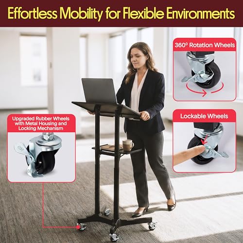 Pyle Lectern Podium Stand | Adjustable Height Top Shelf, Bottom Shelf w/Smooth Rubber Wheels & Metal Brakes | Mobile Standing Desk w/LED Light for Classrooms & Presentations | Portable Rolling Table