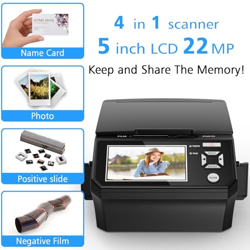 Film & Photo Scanner with 5" LCD Screen, Converts Photo, 135/110 Film Negatives & Slides, Business Card to 22MP Digital Photos, 8GB SD Card Included