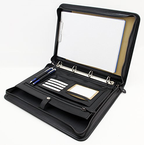 Noda Italian Genuine Leather Zipped Business Conference A4 Folder Ring Binder (Black)