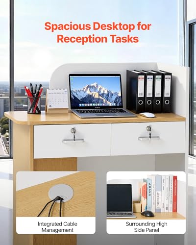 VEVOR Reception Desk, 31.5 inch Rectangular Front Counter Table, Modern Office Reception Desk with LED Light, 2 Drawers & Power Outlets, Retail Counter Table for Checkout, Lobby, Beauty Salon, Office