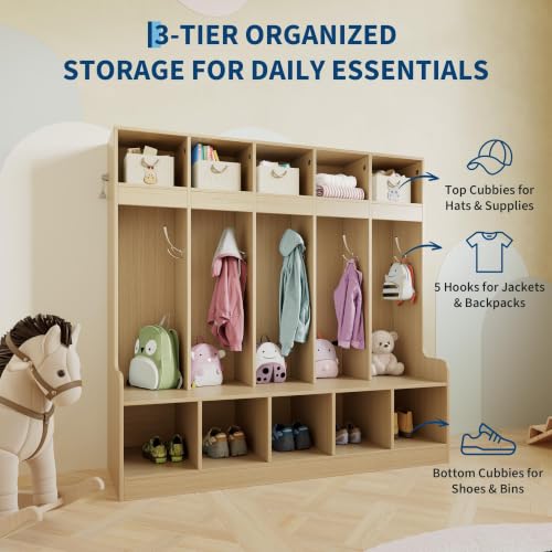 Aptliton Freestanding Kids Coat Locker, 5-Cubby Wooden Storage Organizer