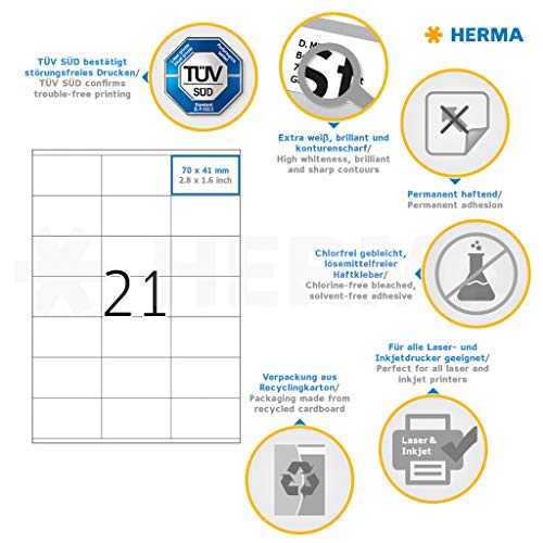 HERMA Self Adhesive Address Mailing Labels, 21 Labels Per A4 Sheet, 4200 Labels for Laser and Inkjet Printers, 70 x 41 mm (4634)