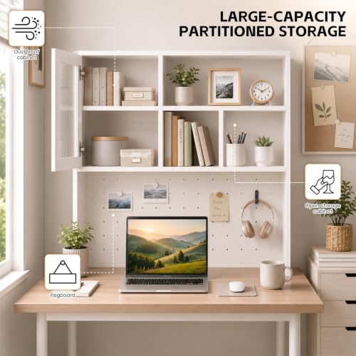 LINLIUA Desktop Bookshelf, Desk Hutch Dorm with Pegboard, Desk Shelves for Top of Desk, Wood Desktop Storage Rack with Cabinet Door, Countertop Bookcase for Office Dorm Home Study