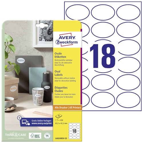 Avery L6024REV-25 Removable Labels (A4 Sheets of 63.5 x 42.3 mm, 18 Labels per Sheet, 25 Sheets) - White