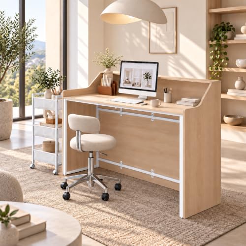 Zevemomo Front Desk Reception Counter with Rolling Cart, Natural+White