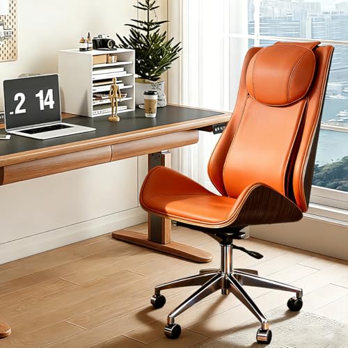 MFEL Executive Office Chair with 6-Point Massage, Ergonomic High Back Leather Desk Chair for Big & Tall (300lbs), 135° Reclining & Lumbar Support for Home Office Prolonged Sitting, Walnut/Orange