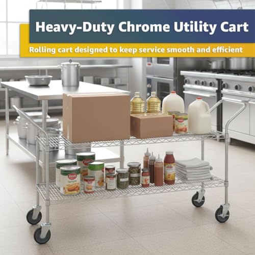 18" x 70" x 36" 2-Shelf Chrome Heavy-Duty Wire Utility Cart - Commercial Metal Rolling Serving Cart for Restaurant, Garage, Warehouse, Kitchen, Office, NSF