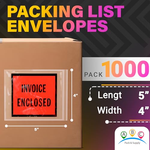ABC PACK & SUPPLY Packing List Envelopes, Clear with Red Face Invoice Enclosed, 4 x 5 Inch, Self Seal Shipping Document Pouches 2 Mil Polyethylene, Pack of 1000