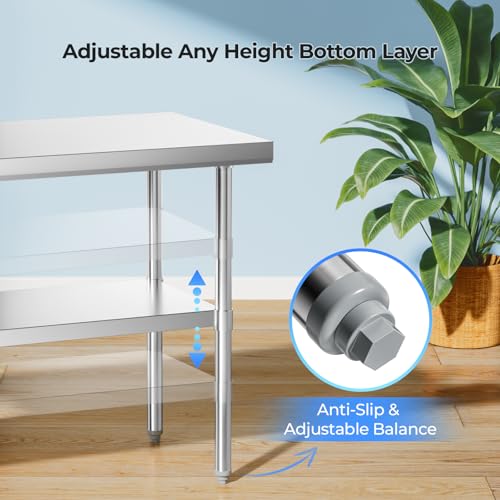 NUUK Stainless Steel Work Table 24" x 36", Commercial Kitchen Food Prep Table with Adjustable Height, Metal Countertop Utility Worktable for Restaurant, Home and Hotel