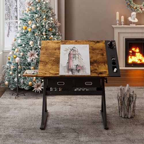 Zentrava Rustic Brown Height Adjustable Drafting Art Table for Adults, Rustic Brown Drafting Drawing Table Desk with 2 Drawers and Stool, 0-75° Tilting Tabletop Art Drawing Table for Drawing