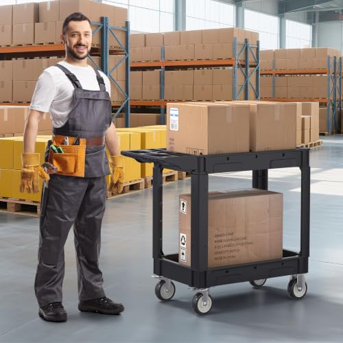 2 Tier Plastic Rolling Cart Utility Cart on Wheels, Heavy Duty Tool Carts with Ergonomic Storage Handle and Deep Shelfs, Work Cart Service Cartss for Garage, Warehouse, Workshop, Office, Cleaning