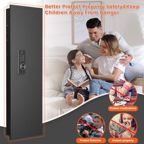 kavey 53.15" Wall Safe Between the Studs, Biometric Hidden Wall Safe with LCD Keypad & Dual Alarm, Wall Gun Safe with 5 Adjustable Shelves & Magnetic Slot (Black-Biometric)