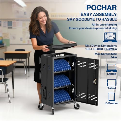 POCHAR 30 Devices 14'' Screen Laptop Charging Cart for K-12 Classrooms