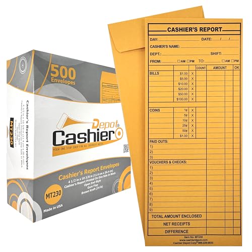 500 Cashier Depot - Cashier's Report Envelope MT230, 4 1/2" x 10 3/8", Sturdy 24lb. Brown Kraft, Gum Flap, 500 Count