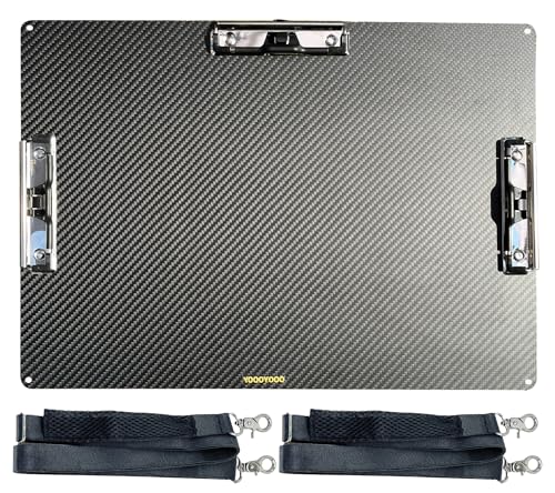 Ledge size A3 8K Super Hard&Portable Carbon Fiber Clipboard with Hook&Pen holder,Strong Low Profile Clip,Dry carbon clip board,Writing board (17.6*12.6*0.06inch+3*304 Stainless Steel Clips+2*Straps)