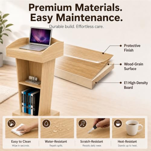 BGEDL Wooden Podium Stand, Floor Standing Speaking Poidum Lectern Stand, Church Pulpit with Storage, Portable Podium Stand Walnut Color, Wooden Pulpit for Churches, Office, Classroom and Schools