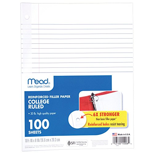 Mead Loose Leaf Paper, Filler Paper, Reinforced, College Ruled, 100 Sheets, 10-1/2" x 8", 3 Hole Punched, 12 Pack (72428)