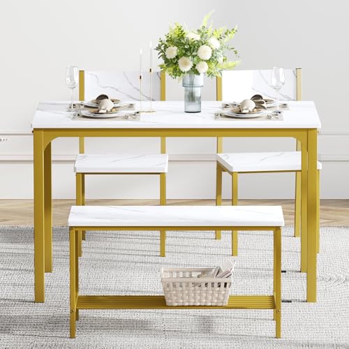SDHYL Dining Table Set,Two Chairs and One Bench 4 Pieces Set Wooden Table Top with Metal Legs for Breakfast in Living Room, Kitchen Room, Dining Room,Space Saving Kitchen Table Set,Rustic Brown
