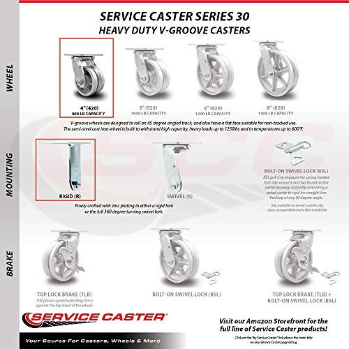 Heavy Duty Swivel Caster Set of 4 with 4 Inch V Groove Semi Steel Wheels and Ball Bearings - Includes 2 Swivel with Bolt on Swivel Locks and 2 Rigid - 3,200 lbs. Total Capacity - Service Caster Brand