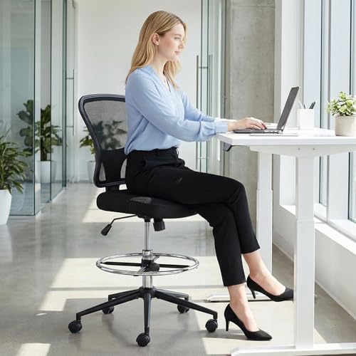 Armless Drafting Chair Tall Office Chair Adjustable Height High Back Ergonomic Desk Chair Drafting Stool Rolling Bar Stools Chairs with Footrest and Wheels