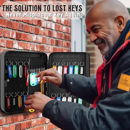 Flexzion Key Box Wall Mount with Code - Black Key Cabinet Lock Box Key Storage Box Wall Mount with Combination Lock, Secured Key Organizer Box with 48 Colored Key Holder for Homes, Office, Apartments