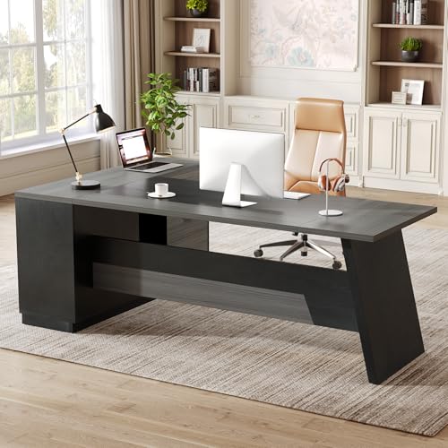LITTLE TREE 78-Inch Executive Office Desk with File Cabinet, Large Modern Corner Office Desk for Home Office, 3-Drawer Wood File Cabinet, Spacious Workstation for Home Office (Grey & Black)