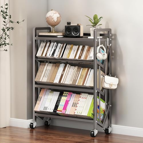 Multi-Layer Rolling Book Cart, Movable Bookshelf, L-Shaped Carbon Steel Mobile Book Carts with Wheels for Library, Office, Living Room, Bedroom, Classroom