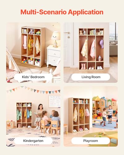 VEVOR 3-Section Coat Locker, Kids Lockers with 6 Hooks & Non-Slip Mat, Classroom Cubbies for Daycare, Home, Kindergarten- Natural