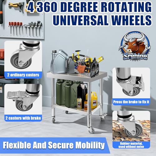 Srehloe Stainless Steel Work Table with 4 Wheels 35 x 24 x 33 Inch Adjustable Metal Commercial Prep Workstation 2-Tier Heavy Duty Mobile Work Station Suitable for Kitchen Restaurant Hotel Garage