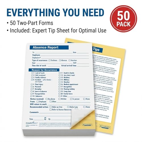 ComplyRight Absence Report Form, Compact, 2 Part | 5-1/2" x 8-1/2" | Time & Attendance Form | 50 Pack