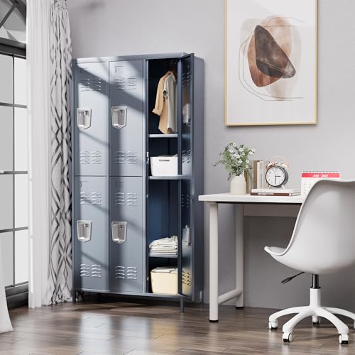 VIYET 6 Door Metal Lockers for Employees,6 Heavy-Duty Hooks,72" Secure Storage for Home,Offices,Schools & Gyms | Gray