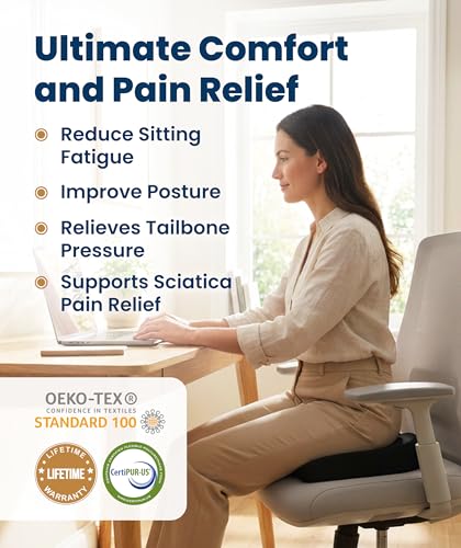 Everlasting Comfort Doctor Recommended Memory Foam Seat Cushion for Office Chairs & Car - Ergonomic Office Desk Accessories - Cushions for Tailbone Pain Relief, Sciatica (Black Airflow, Large)