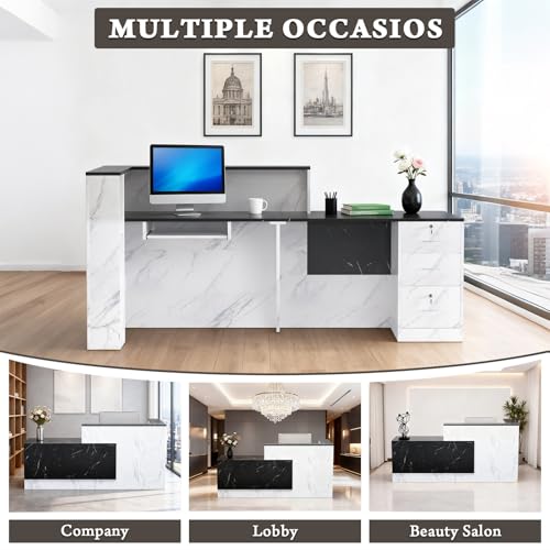 Yorkgargen L-Shaped Large Wooden Reception Desk, Modern Front Desk Reception Counter with Lockable Drawers & Storage & Keyboard Tray, for Checkout, Lobby (Left-Black/White, 71''L x 42''W x 41''H)