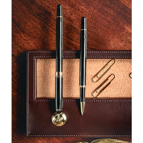 Dacasso Chocolate Brown Leather Double Pen Stand w/Gold Accents - Luxury Executive Decor and Office Desk Surface Protector