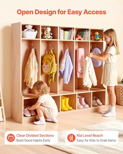 VEVOR 5-Section Coat Locker with Bench, Kids Lockers with 10 Hooks & Non-Slip Mat, Classroom Cubbies for Daycare, Home, Kindergarten- Natural